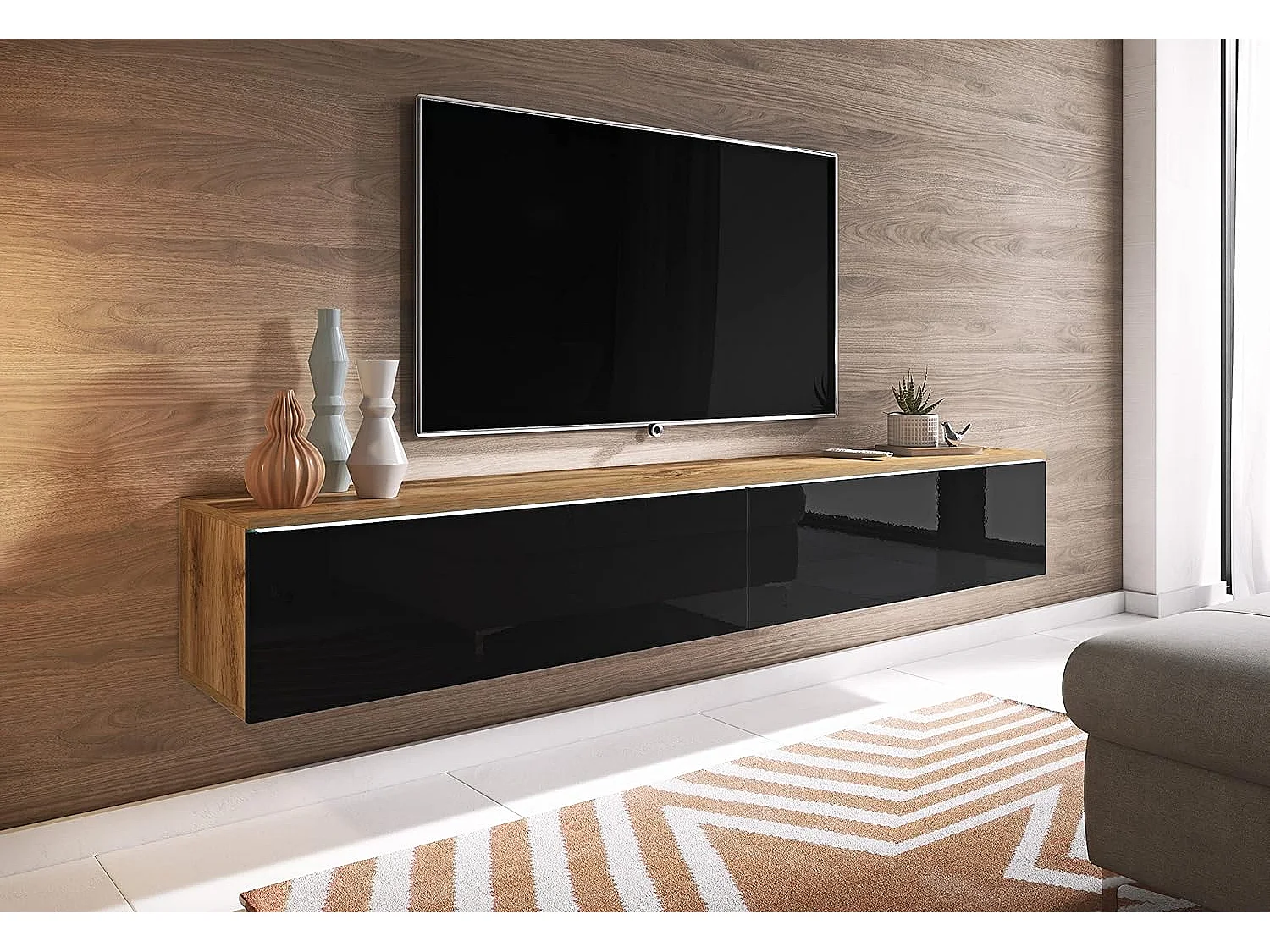 Mueble de TV LOWBOARD D 180 cm, mueble de televisión, mueble de salón, con iluminación LED, color wotan/negro brillo