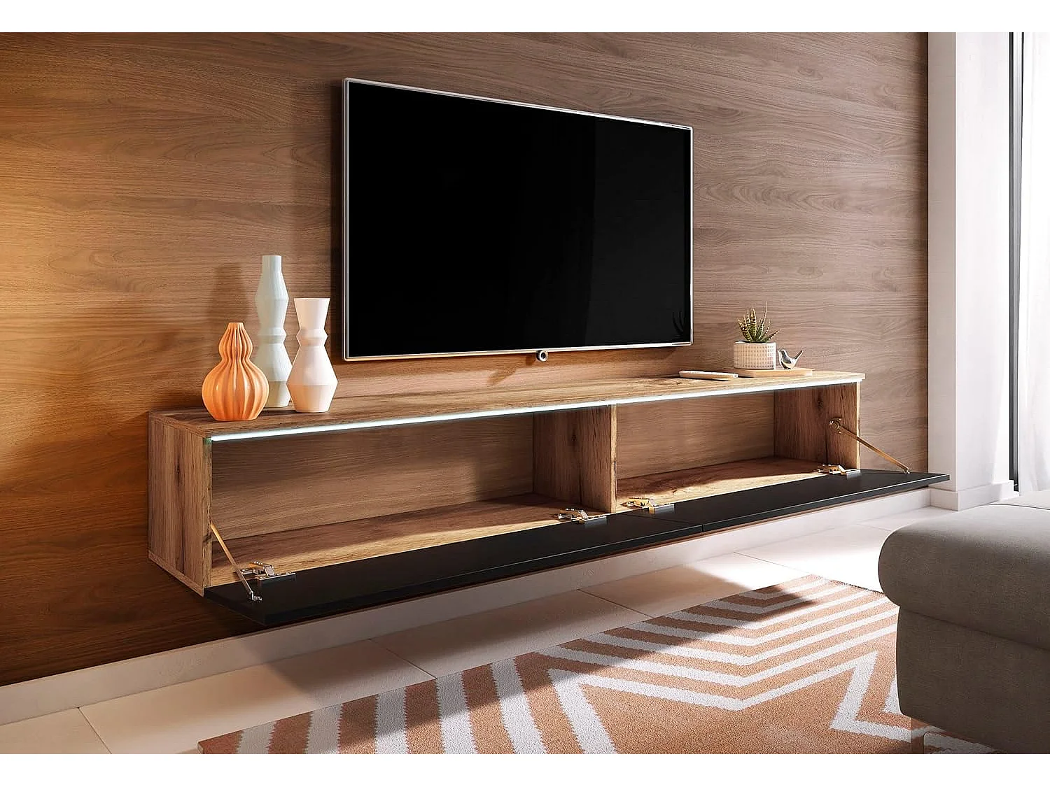 Mueble de TV LOWBOARD D 180 cm, mueble de televisión, mueble de salón, con iluminación LED, color wotan/negro brillo