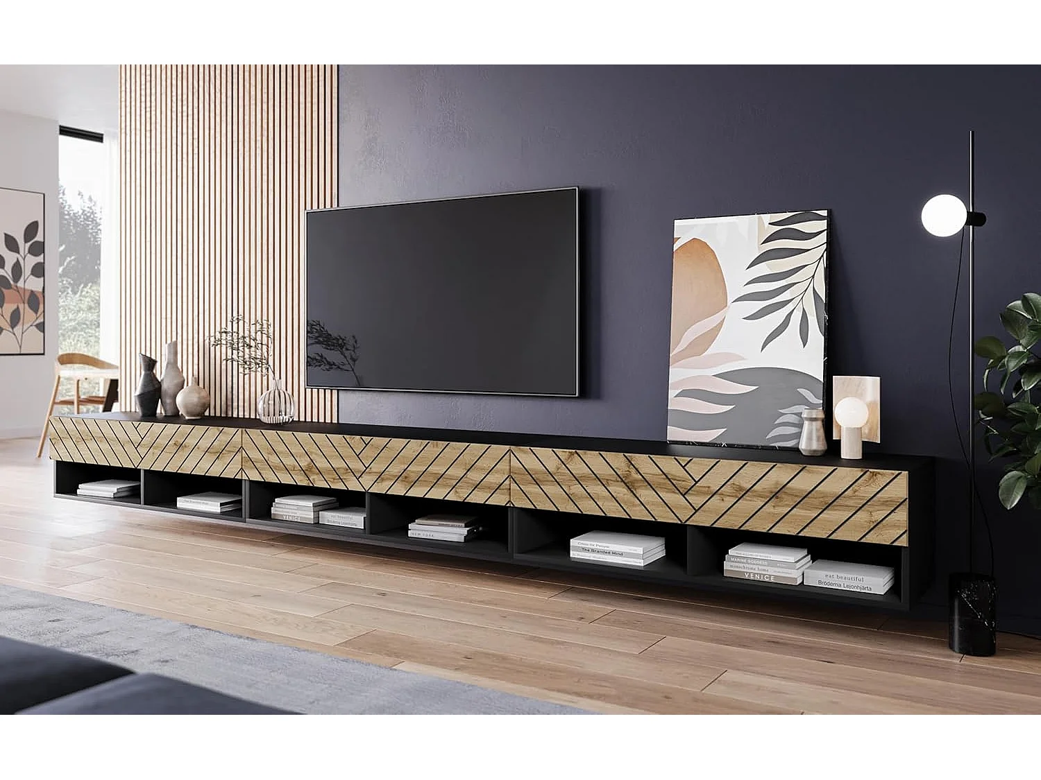 Meuble TV LOWBOARD A 300 cm, meuble de télévision, meuble de séjour, avec éclairage LED, couleur wotan/noir à chevrons