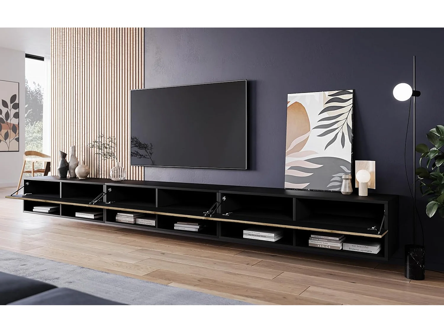 Meuble TV LOWBOARD A 300 cm, meuble de télévision, meuble de séjour, avec éclairage LED, couleur wotan/noir à chevrons