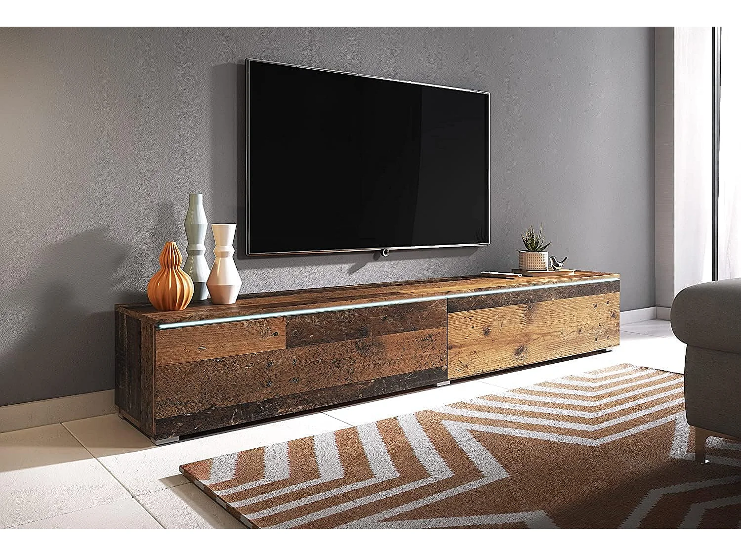 Mobile TV LOWBOARD D 180 cm, mobile televisore, mobile soggiorno, con illuminazione LED, colore legno Old Style
