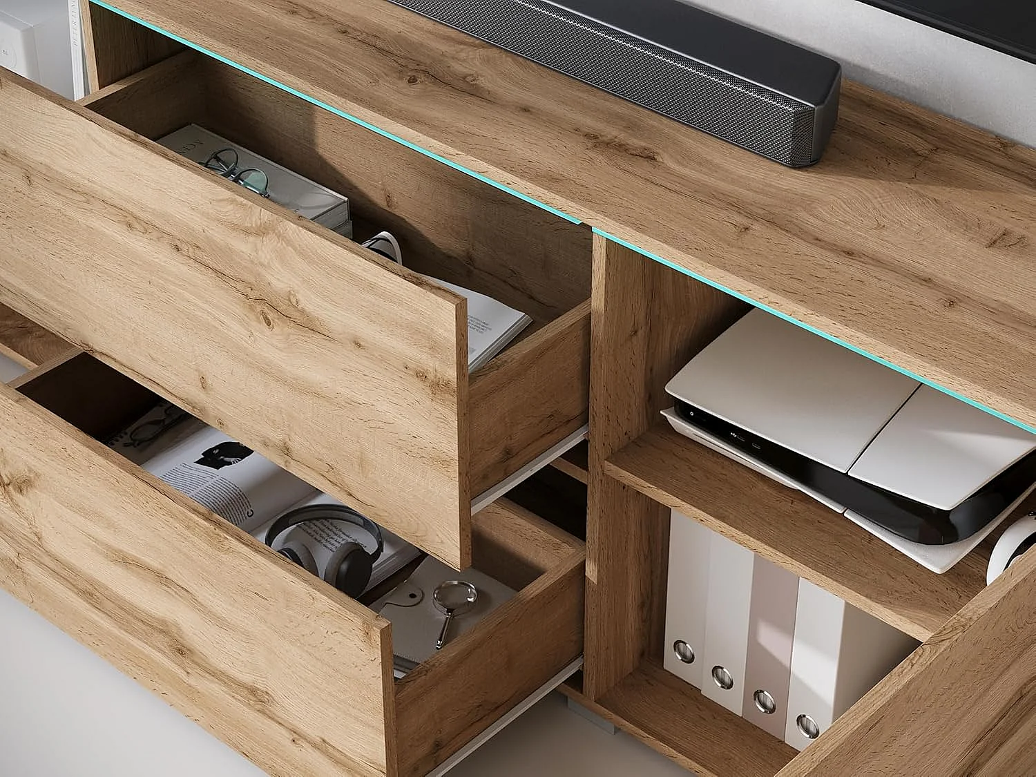 Meuble TV VERA 181 cm, meuble de televisión, bahut de séjour, avec éclairage LED, couleur wotan