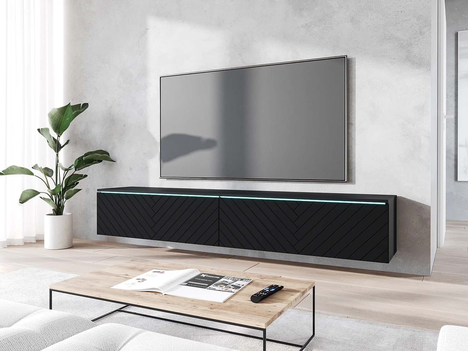 Mobile TV LOWBOARD D 180 cm, mobile televisore, mobile soggiorno, con illuminazione LED, colore nero a spina di pesce