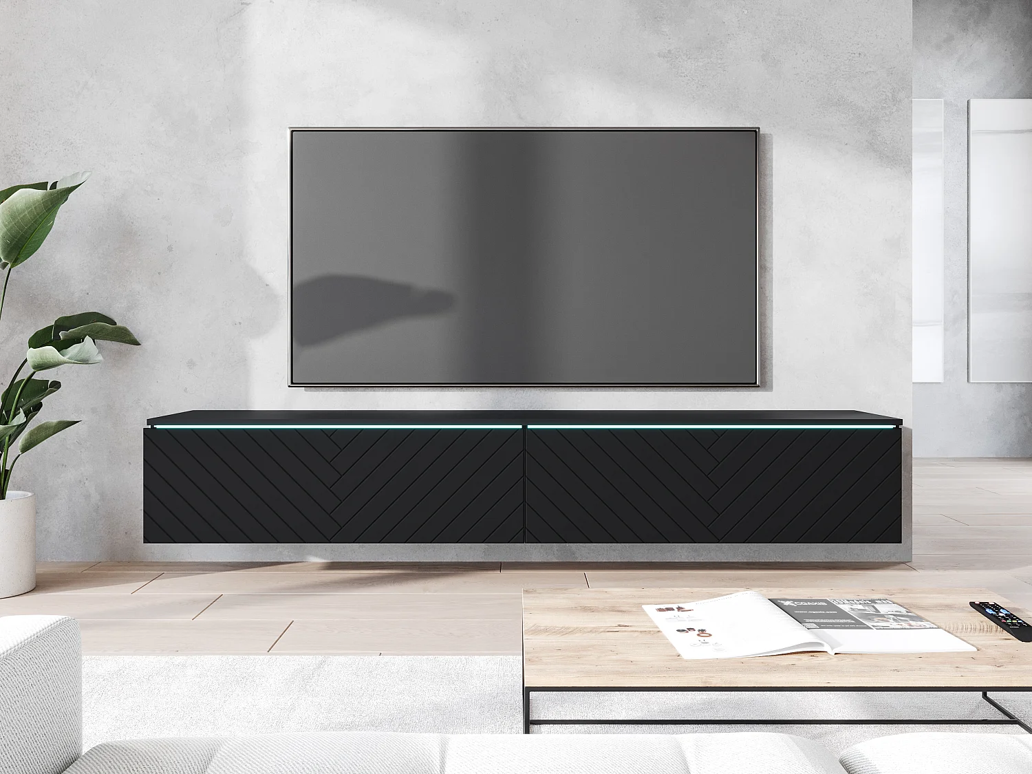 Mobile TV LOWBOARD D 180 cm, mobile televisore, mobile soggiorno, con illuminazione LED, colore nero a spina di pesce
