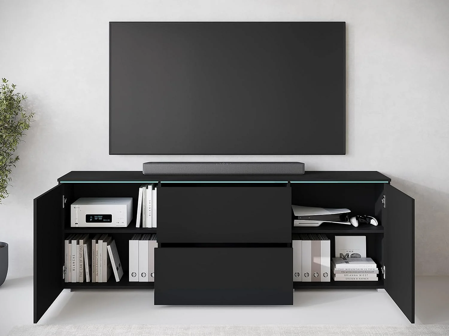 Mobile TV VERA 181 cm, mobile televisore, madia per soggiorno, con illuminazione LED, colore nero opaco
