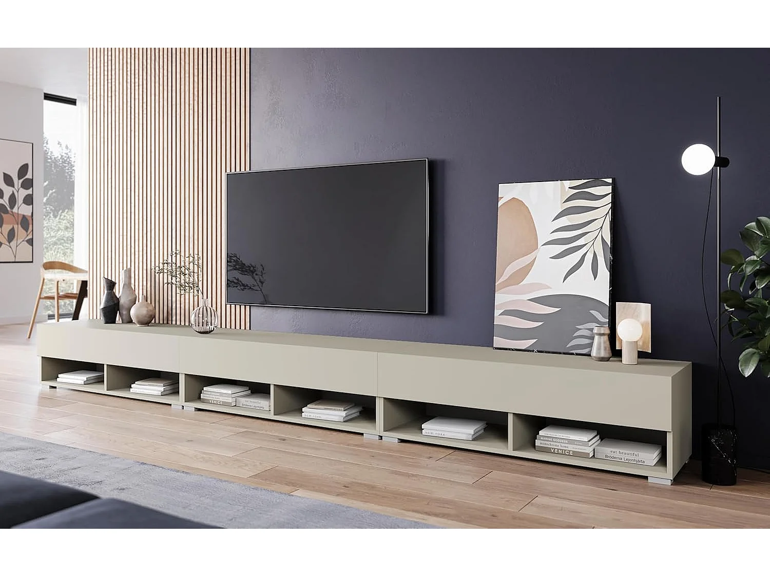 Meuble TV LOWBOARD A 300 cm, meuble de televisión, meuble de séjour, avec éclairage LED, couleur beige cachemire