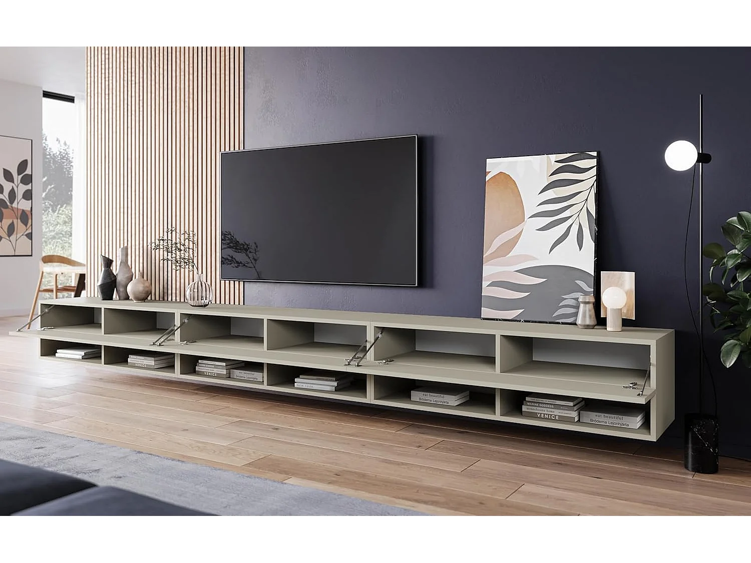 Meuble TV LOWBOARD A 300 cm, meuble de televisión, meuble de séjour, avec éclairage LED, couleur beige cachemire