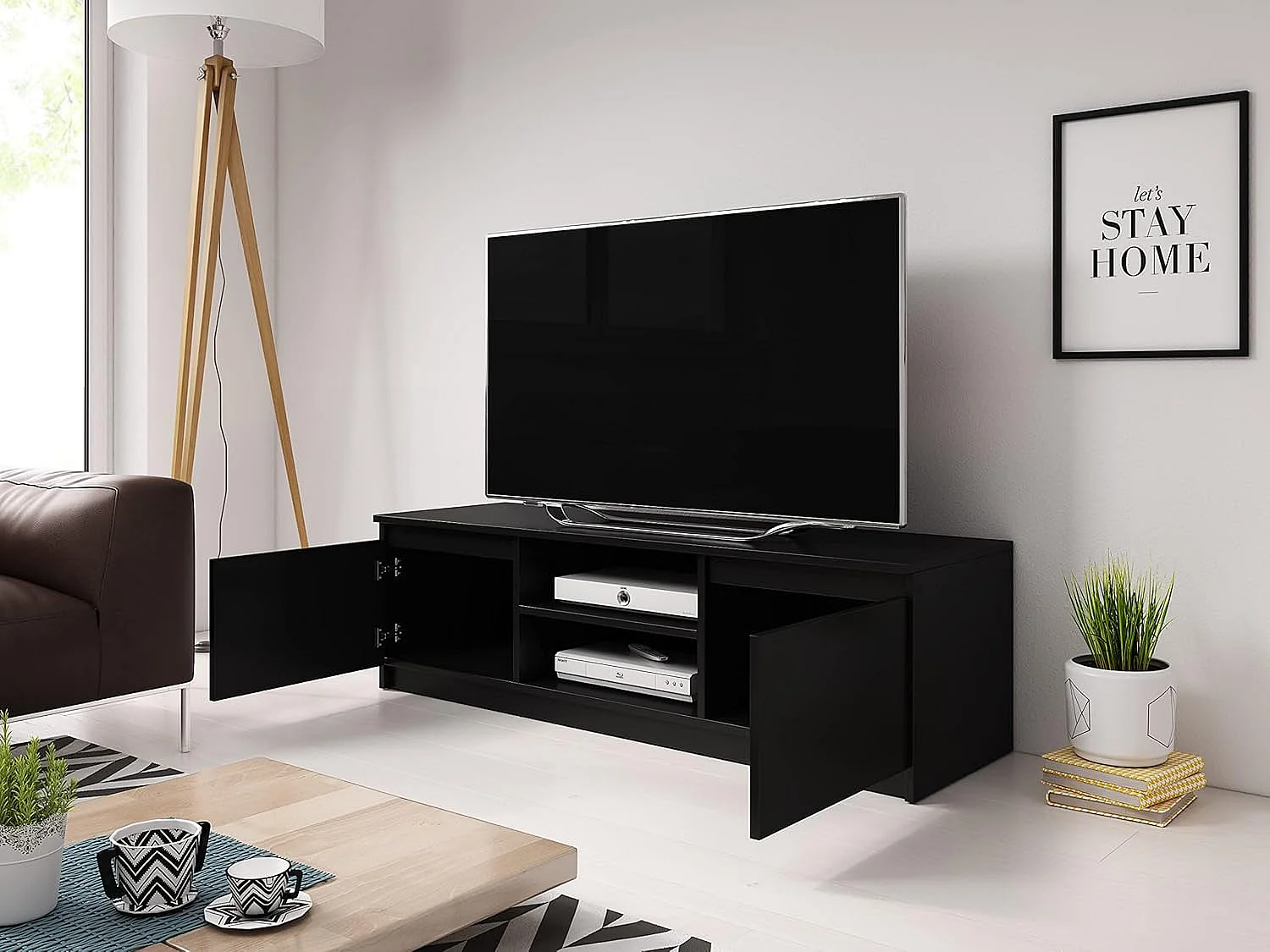 Meuble TV 120 cm DINGO, meuble de televisión, meuble de séjour, éclairage LED inclus, couleur noir mat