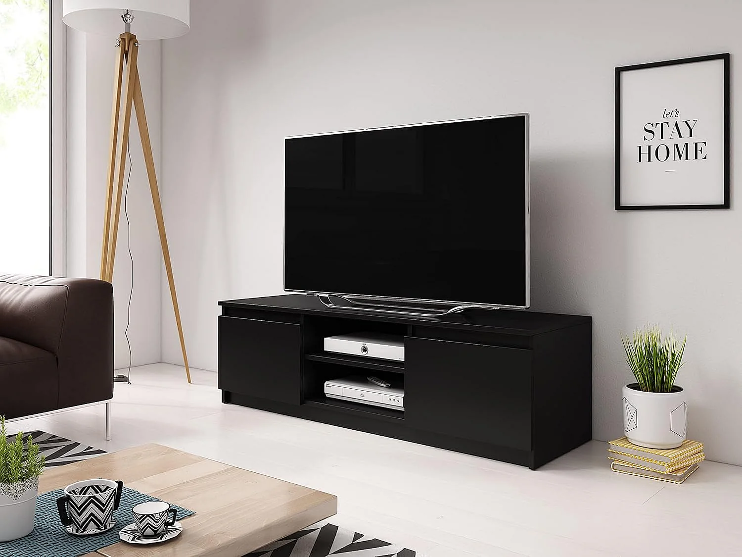 Meuble TV 120 cm DINGO, meuble de televisión, meuble de séjour, éclairage LED inclus, couleur noir mat