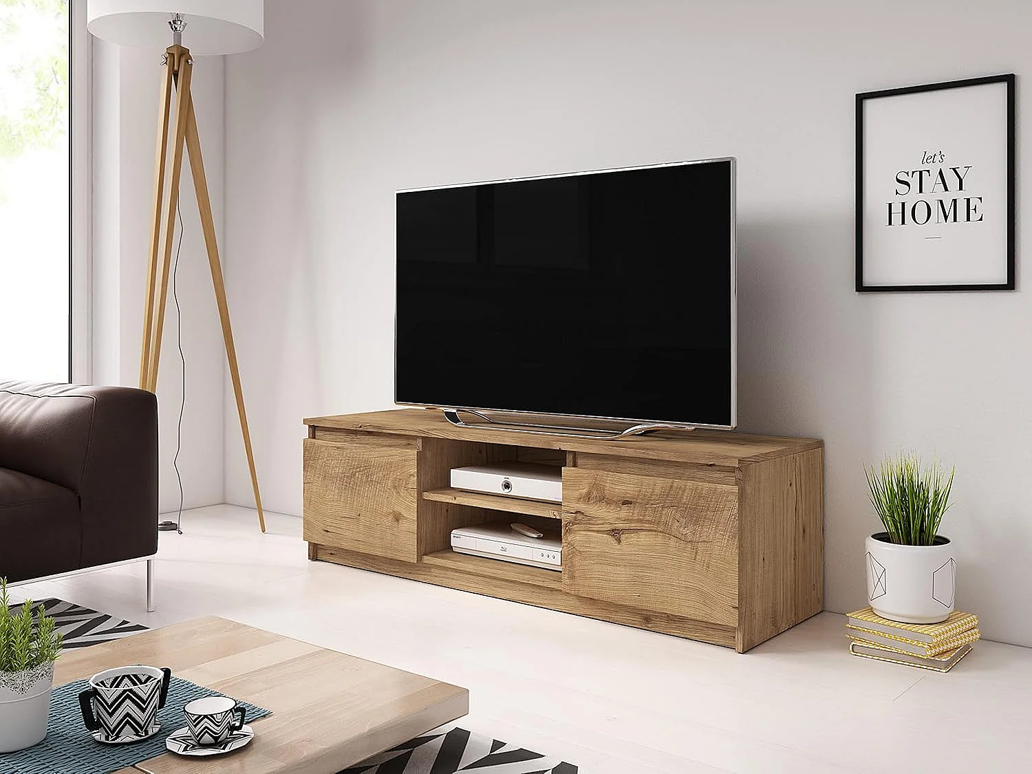 Meuble TV 120 cm DINGO, meuble de televisión, meuble de séjour, éclairage LED inclus, couleur châtaignier