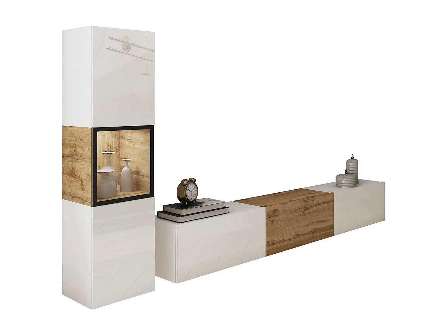 Conjunto de muebles de salón BERLIN I, juego de muebles de salón, mueble de TV, sin iluminación LED, color wotan/blanco brillo