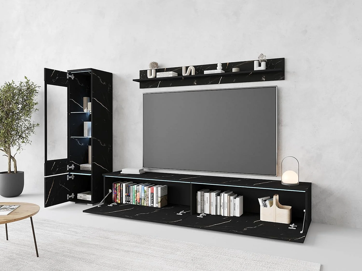 Ensemble de meubles de séjour VERA I, ensemble de salon, meuble TV, avec éclairage LED, couleur San Sebastian