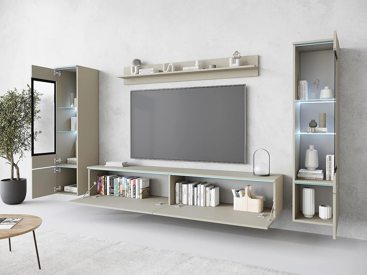 Woonkamermeubelset VERA II, woonkamerset, tv-meubel, met led-verlichting, kleur beige cashmere