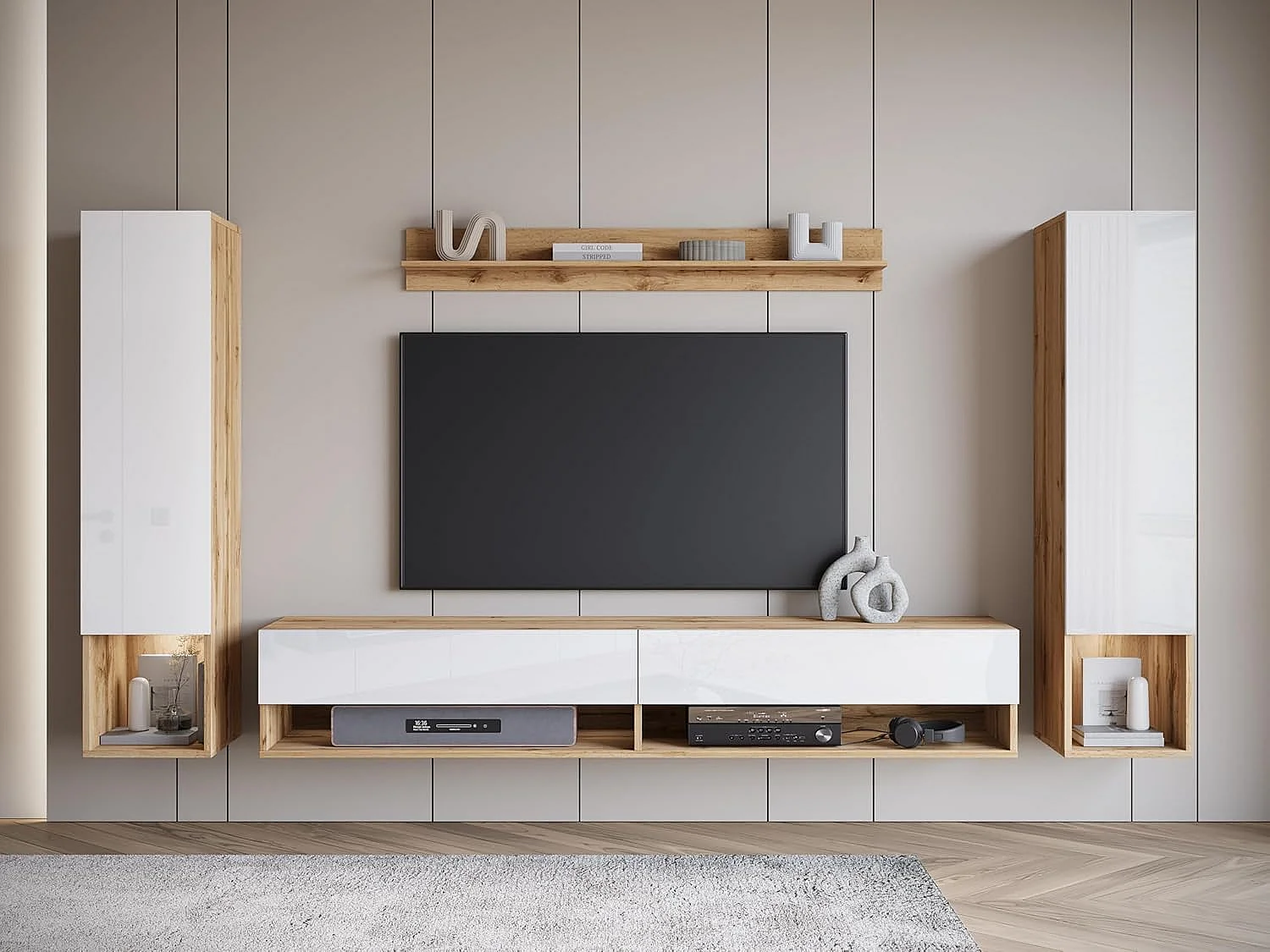 Conjunto de muebles de salón AMADEO II, juego de muebles de salón, muebles de TV, con iluminación LED, color wotan/blanco brillo