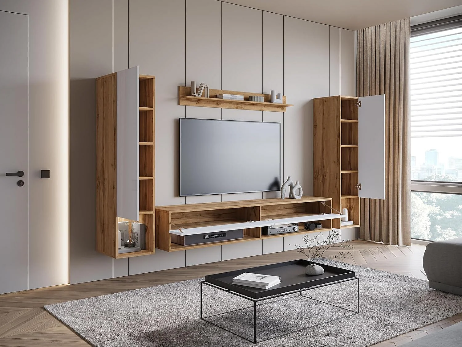 Conjunto de muebles de salón AMADEO II, juego de muebles de salón, muebles de TV, con iluminación LED, color wotan/blanco brillo