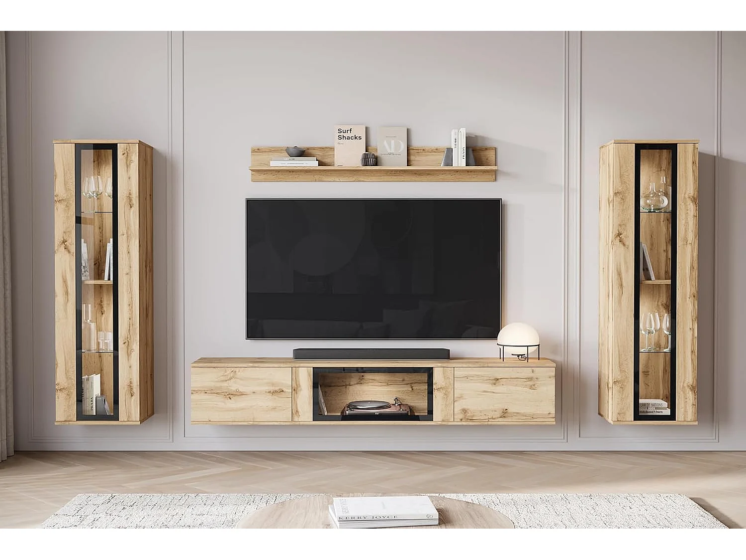 Woonkamermeubelset CARO, set van woonkamermeubels, tv-meubel, met led-verlichting, kleur wotan