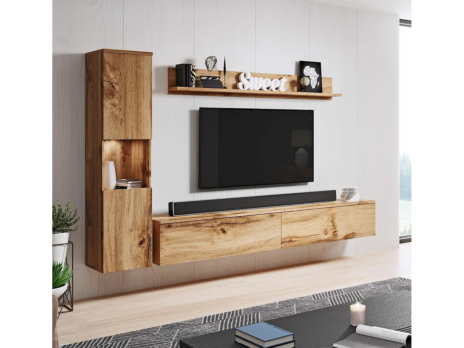Woonkamermeubelset PARIS, woonkamerset, tv-meubel, met led-verlichting, kleur wotan