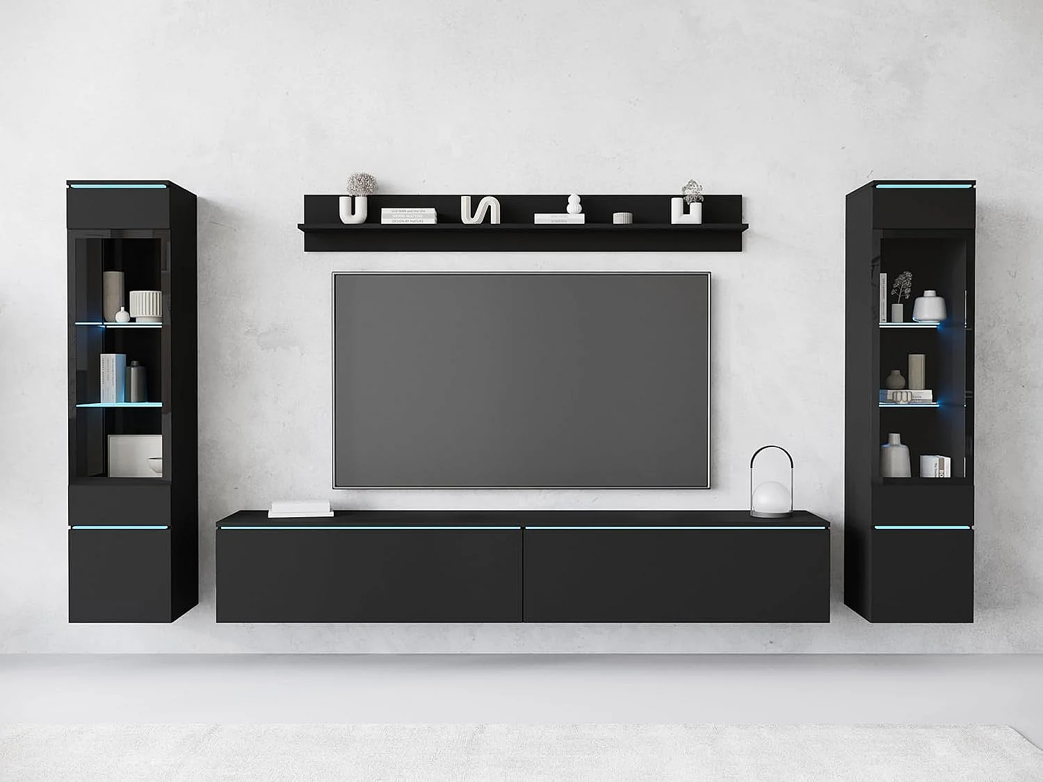 Ensemble de meubles de séjour VERA II, ensemble de salon, meuble TV, avec éclairage LED, couleur noir mat