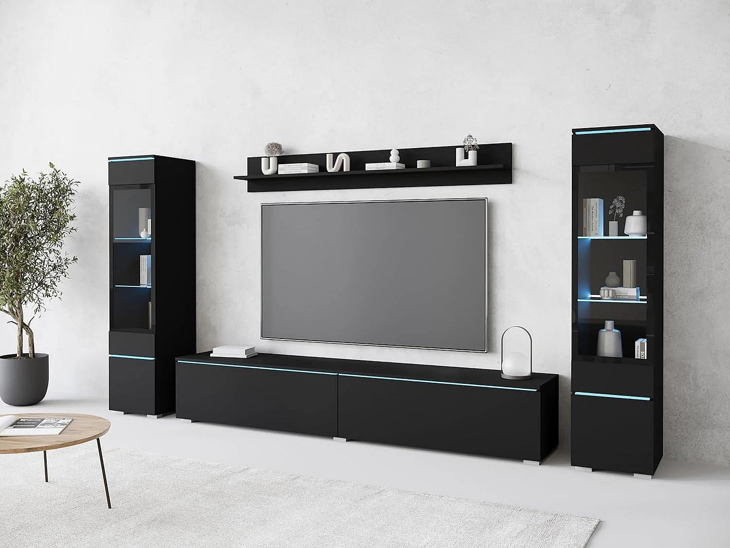 Ensemble de meubles de séjour VERA II, ensemble de salon, meuble TV, avec éclairage LED, couleur noir mat