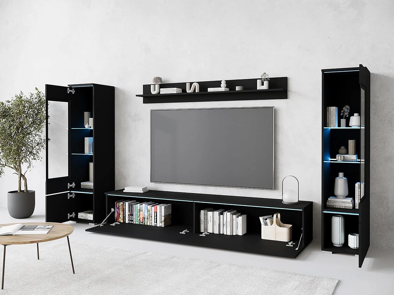 Ensemble de meubles de séjour VERA II, ensemble de salon, meuble TV, avec éclairage LED, couleur noir mat
