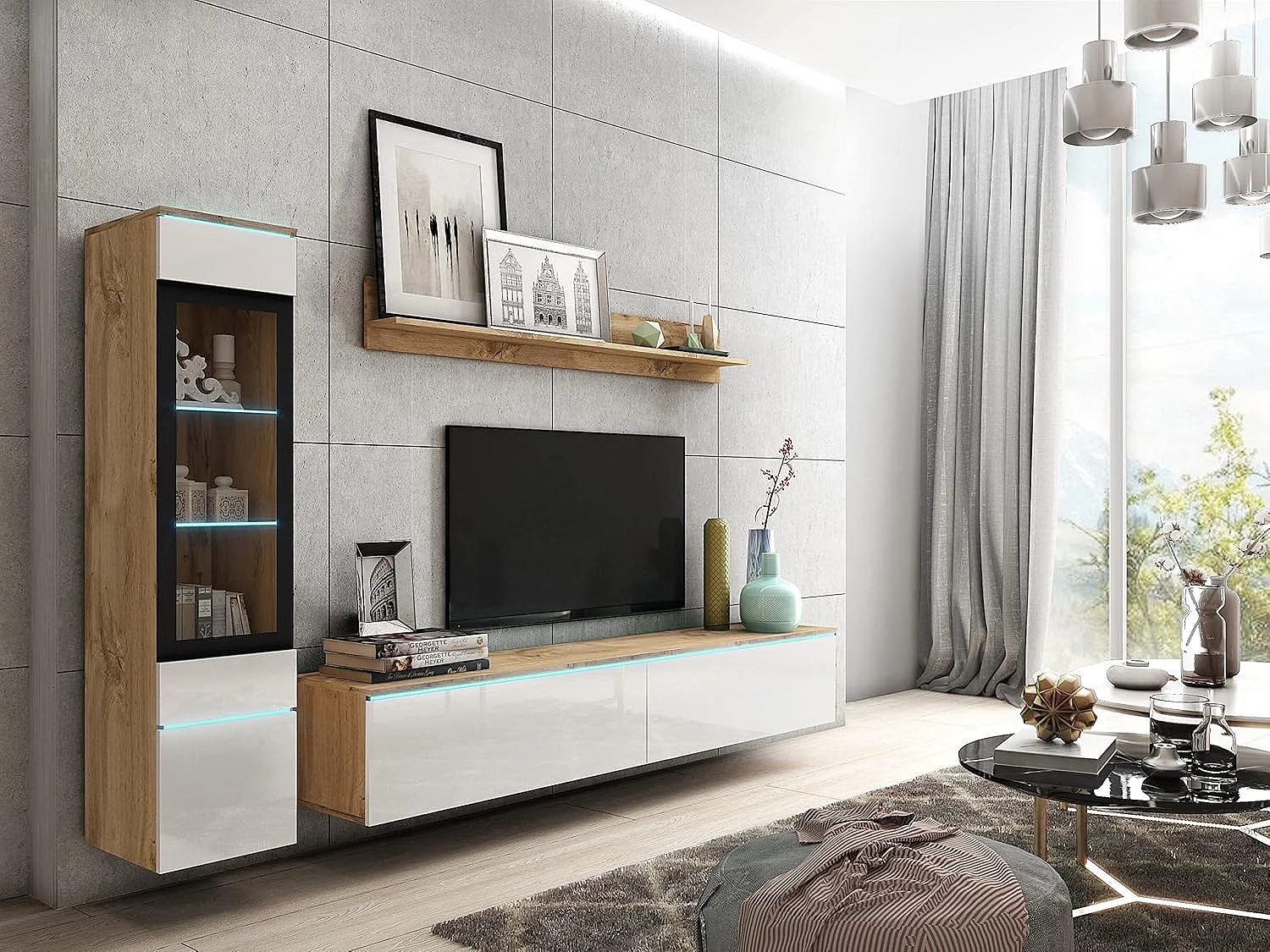 Conjunto de muebles de salón VERA I, juego de muebles de salón, mueble de televisión, sin iluminación LED, color wotan/blanco brillo
