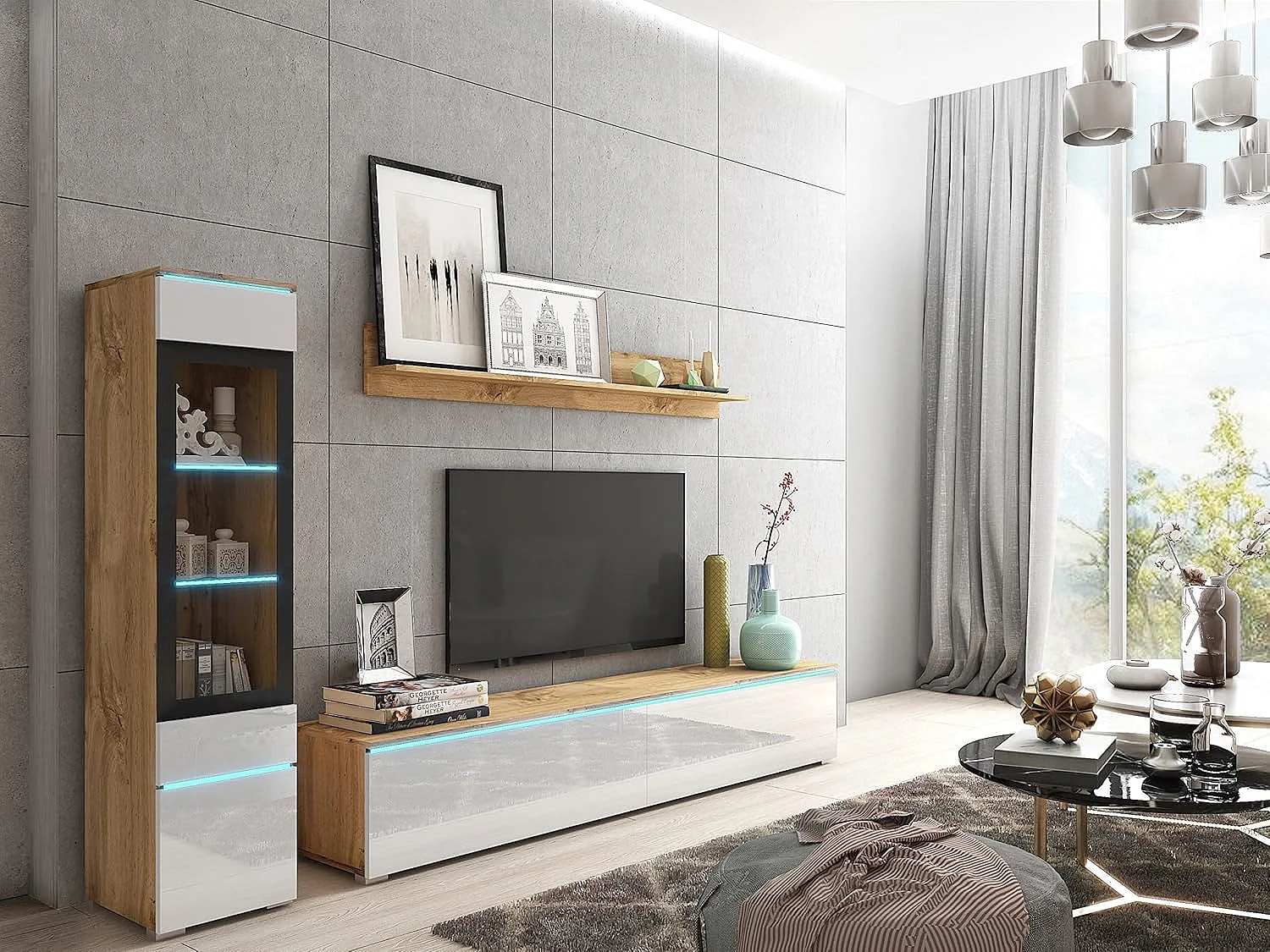 Conjunto de muebles de salón VERA I, juego de muebles de salón, mueble de televisión, sin iluminación LED, color wotan/blanco brillo