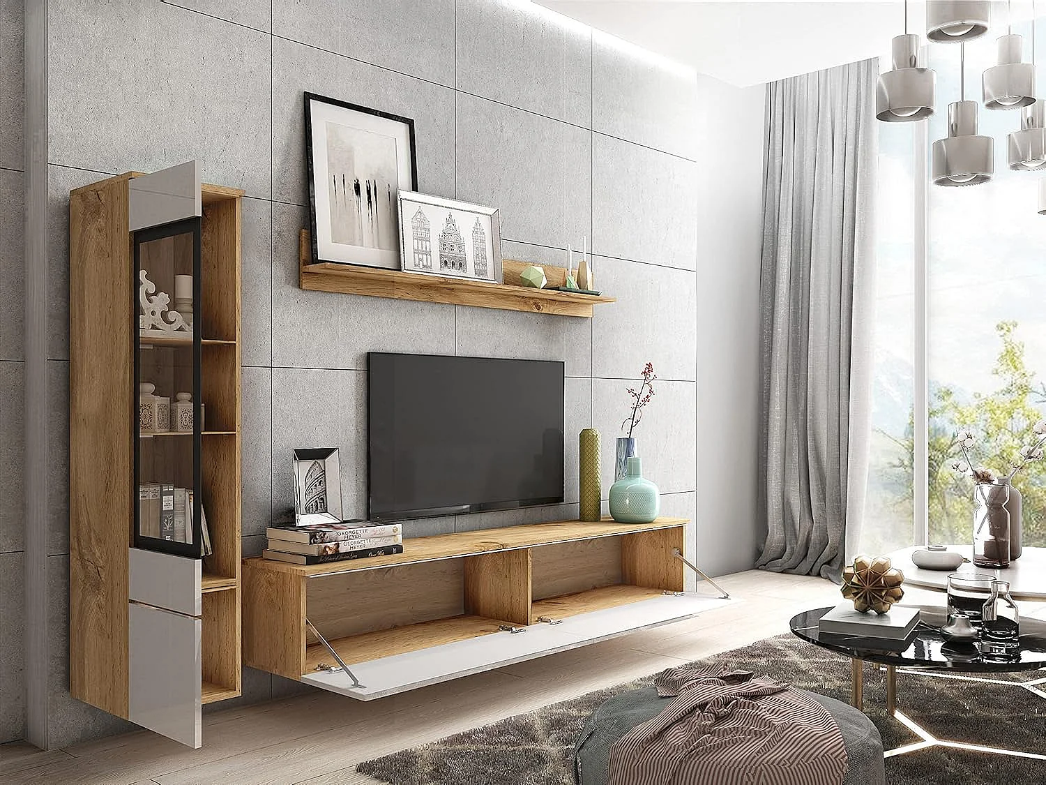Conjunto de muebles de salón VERA I, juego de muebles de salón, mueble de televisión, sin iluminación LED, color wotan/blanco brillo