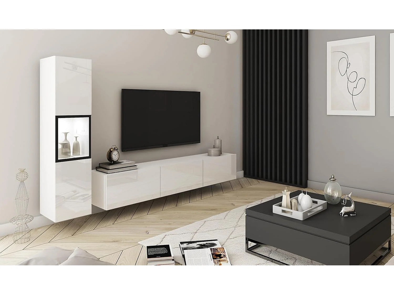 Conjunto de muebles de salón BERLIN I, juego de muebles de salón, mueble de TV, con iluminación LED, color blanco/blanco brillo