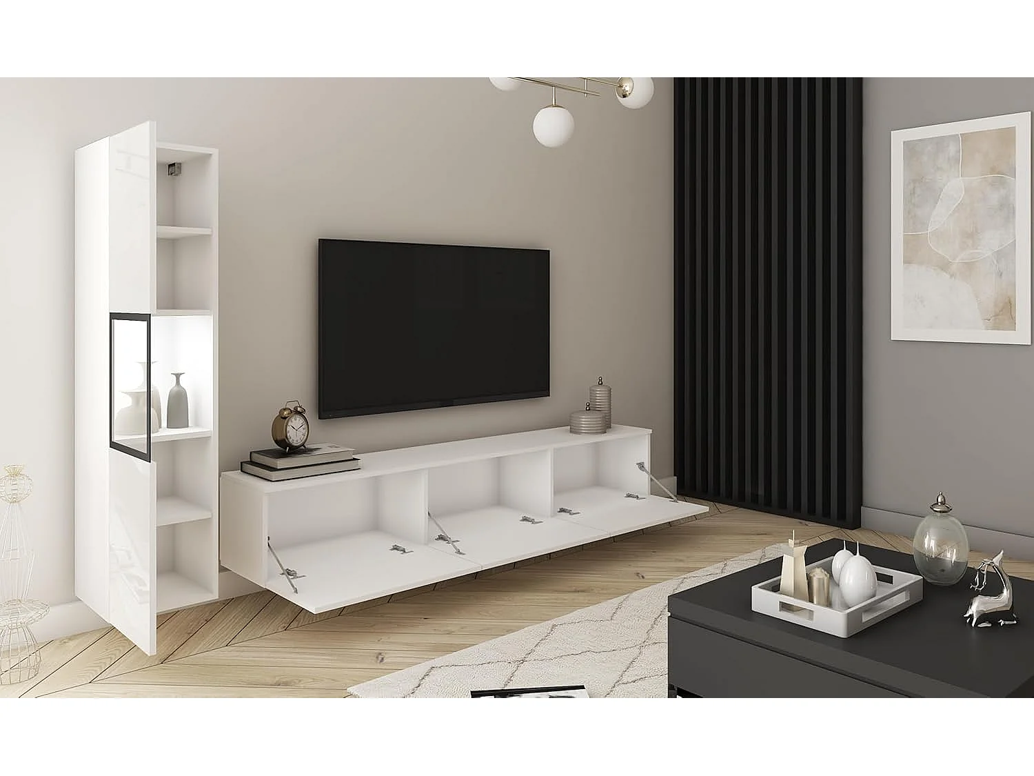 Conjunto de muebles de salón BERLIN I, juego de muebles de salón, mueble de TV, con iluminación LED, color blanco/blanco brillo