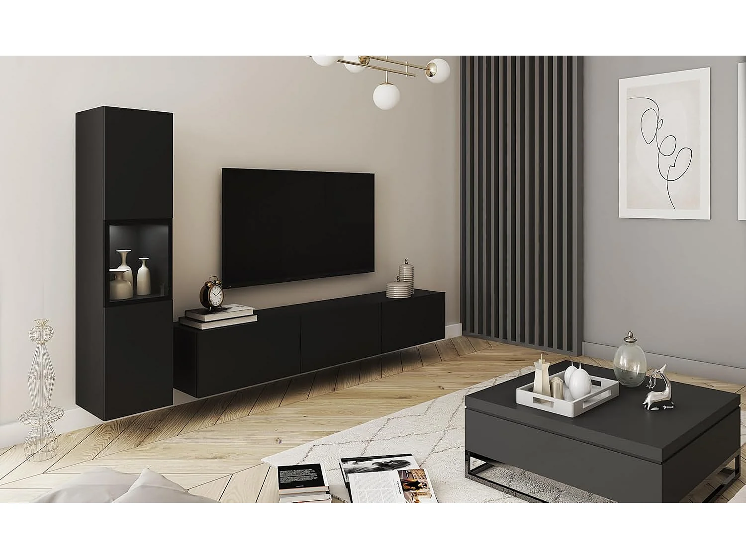 Ensemble de meubles de séjour BERLIN I, ensemble de meubles de salon, meuble TV, avec éclairage LED, couleur noir mat