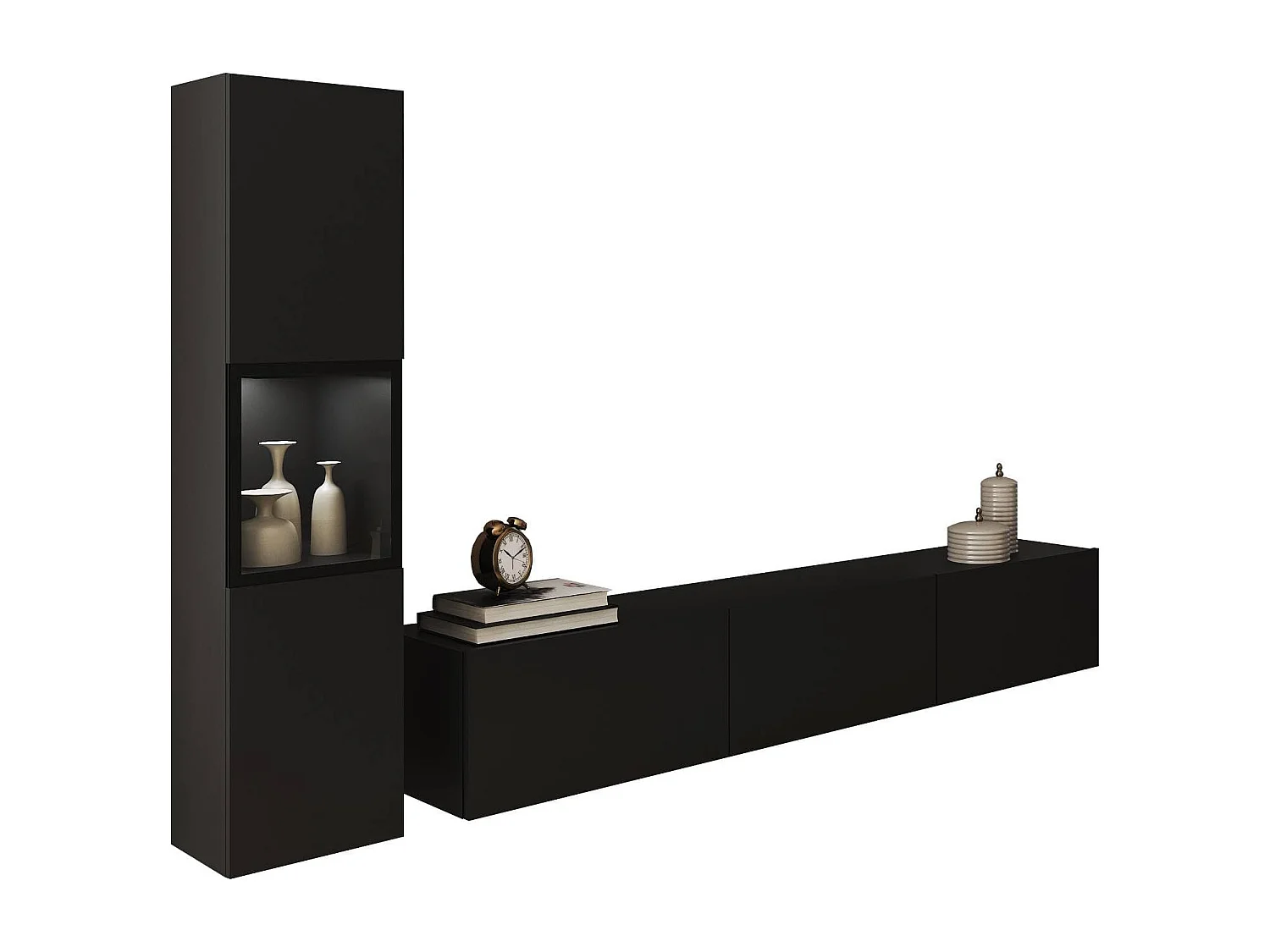 Ensemble de meubles de séjour BERLIN I, ensemble de meubles de salon, meuble TV, avec éclairage LED, couleur noir mat