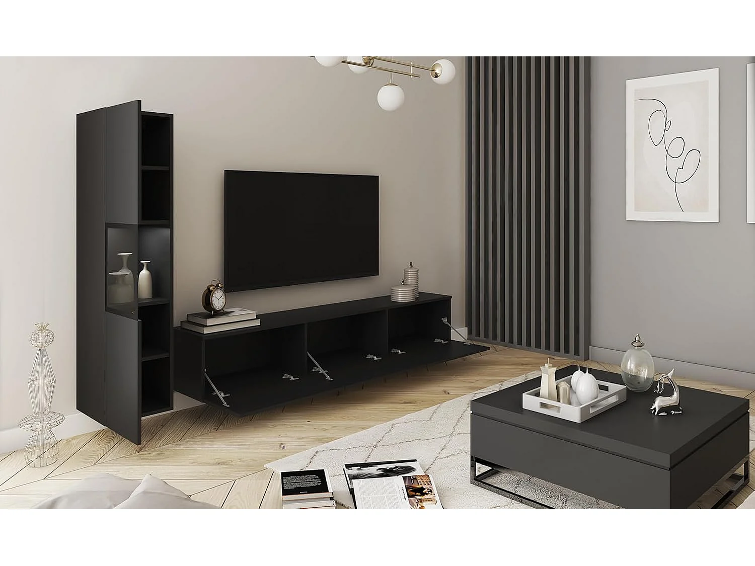Ensemble de meubles de séjour BERLIN I, ensemble de meubles de salon, meuble TV, avec éclairage LED, couleur noir mat