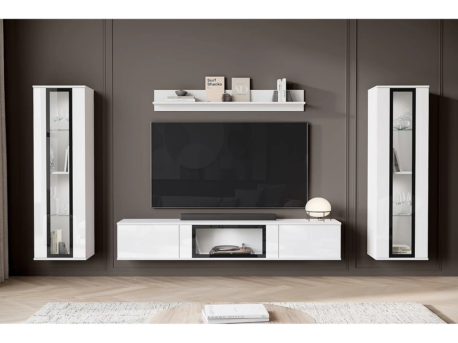 Conjunto de muebles de salón CARO, juego de muebles de salón, mueble de TV, con iluminación LED, color blanco/blanco brillo