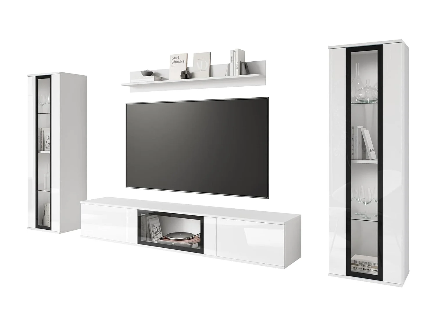 Conjunto de muebles de salón CARO, juego de muebles de salón, mueble de TV, con iluminación LED, color blanco/blanco brillo