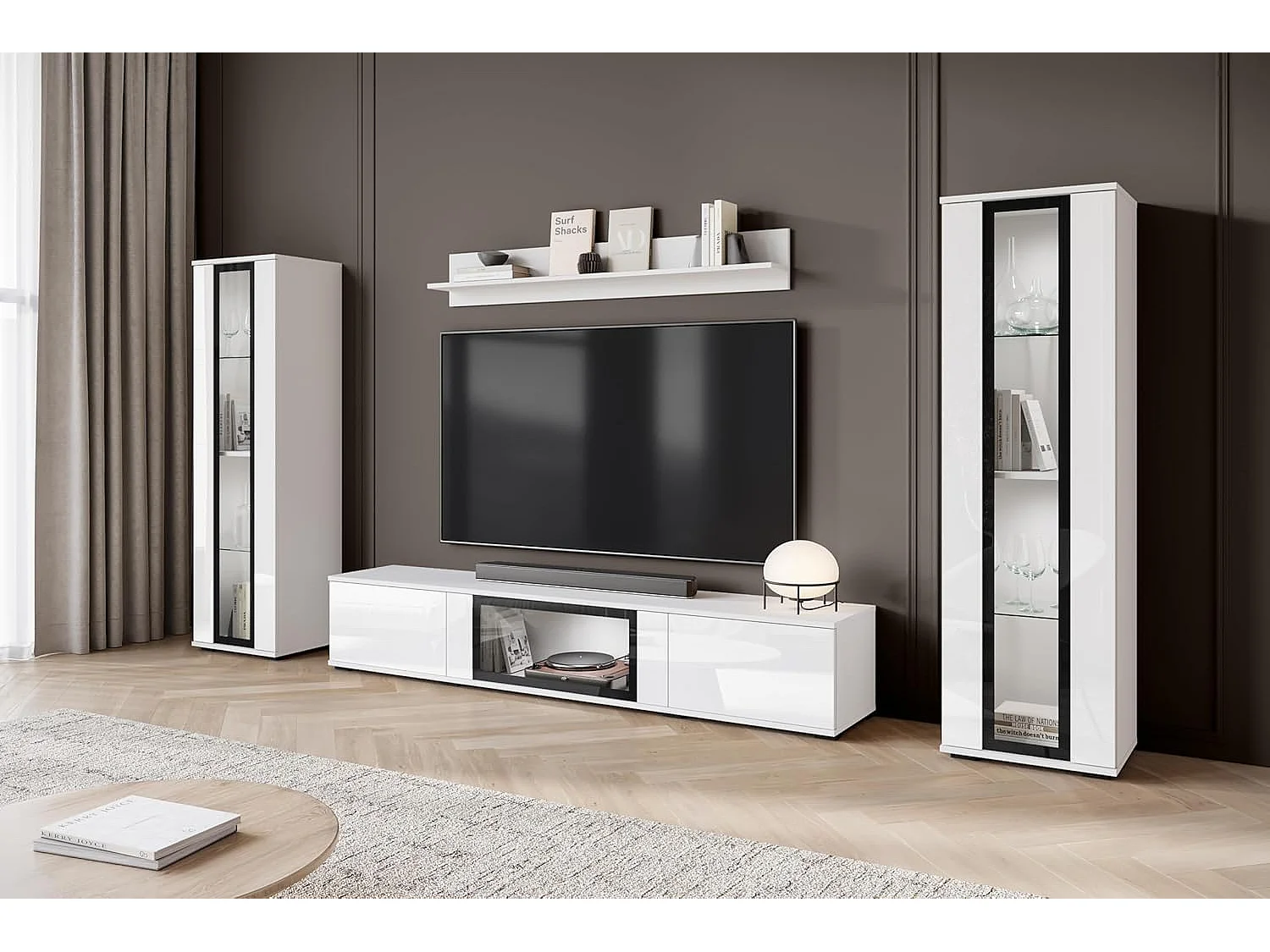 Conjunto de muebles de salón CARO, juego de muebles de salón, mueble de TV, con iluminación LED, color blanco/blanco brillo