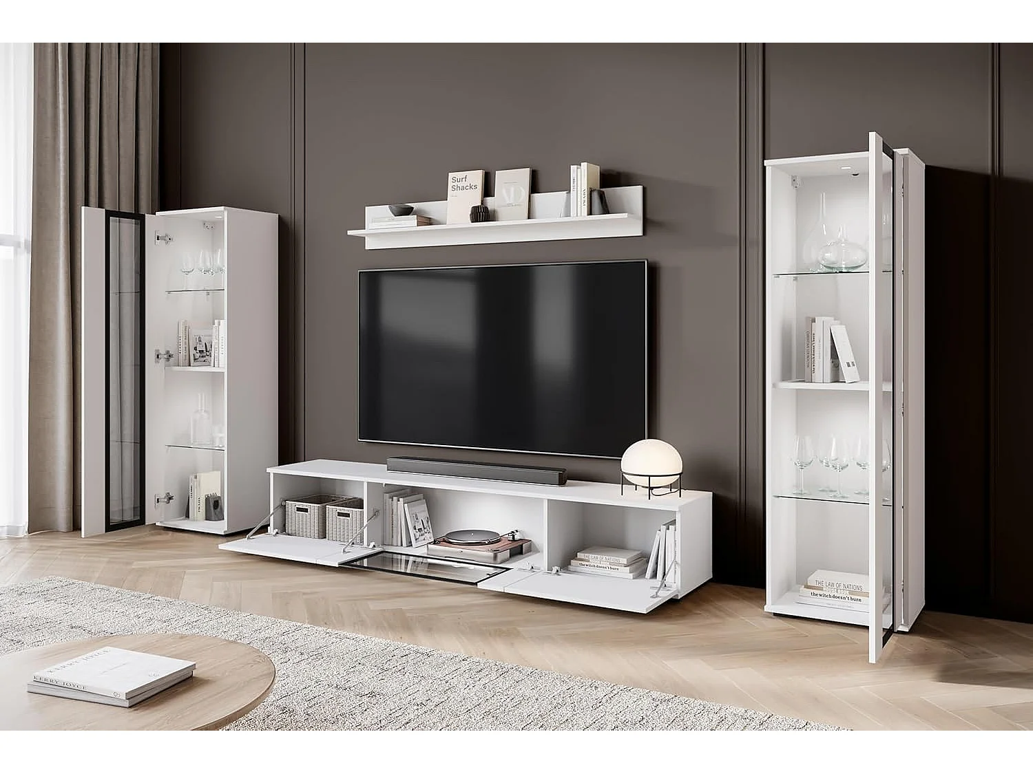 Conjunto de muebles de salón CARO, juego de muebles de salón, mueble de TV, con iluminación LED, color blanco/blanco brillo