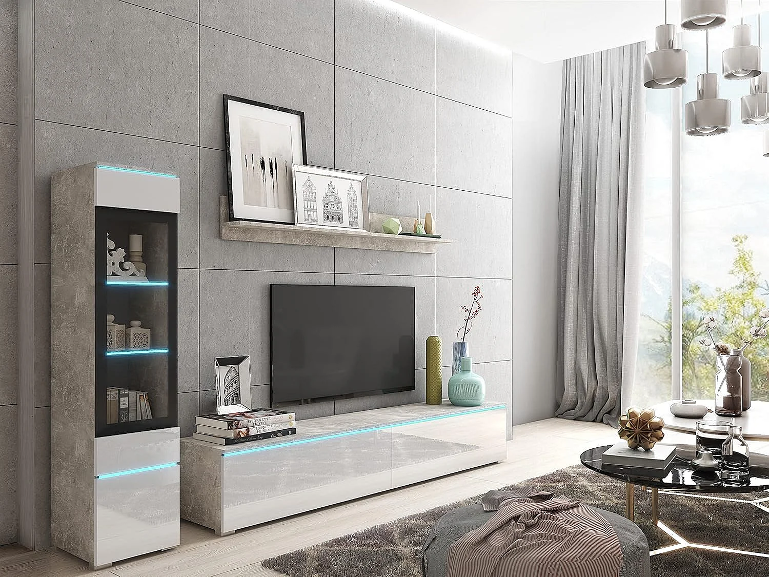 Conjunto de muebles de salón VERA I, juego de muebles de salón, mueble de televisión, sin iluminación LED, color hormigón/blanco brillo