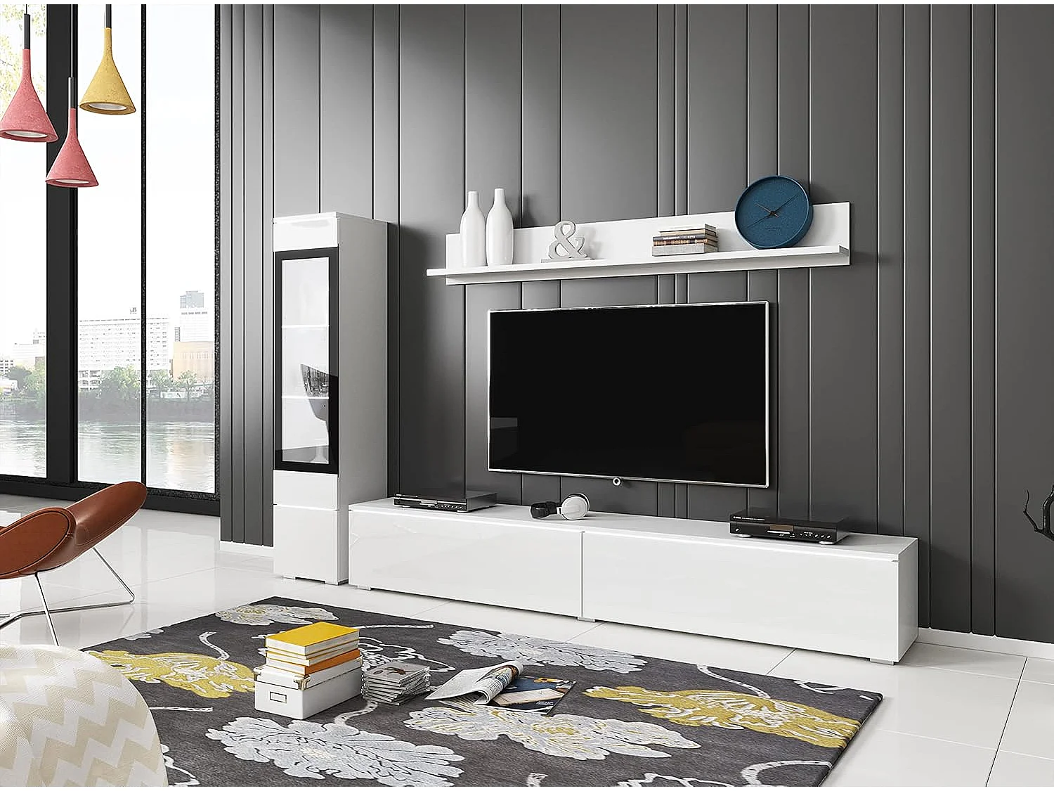 Conjunto de muebles de salón VERA I, juego de muebles de salón, mueble de televisión, sin iluminación LED, color blanco/blanco brillo