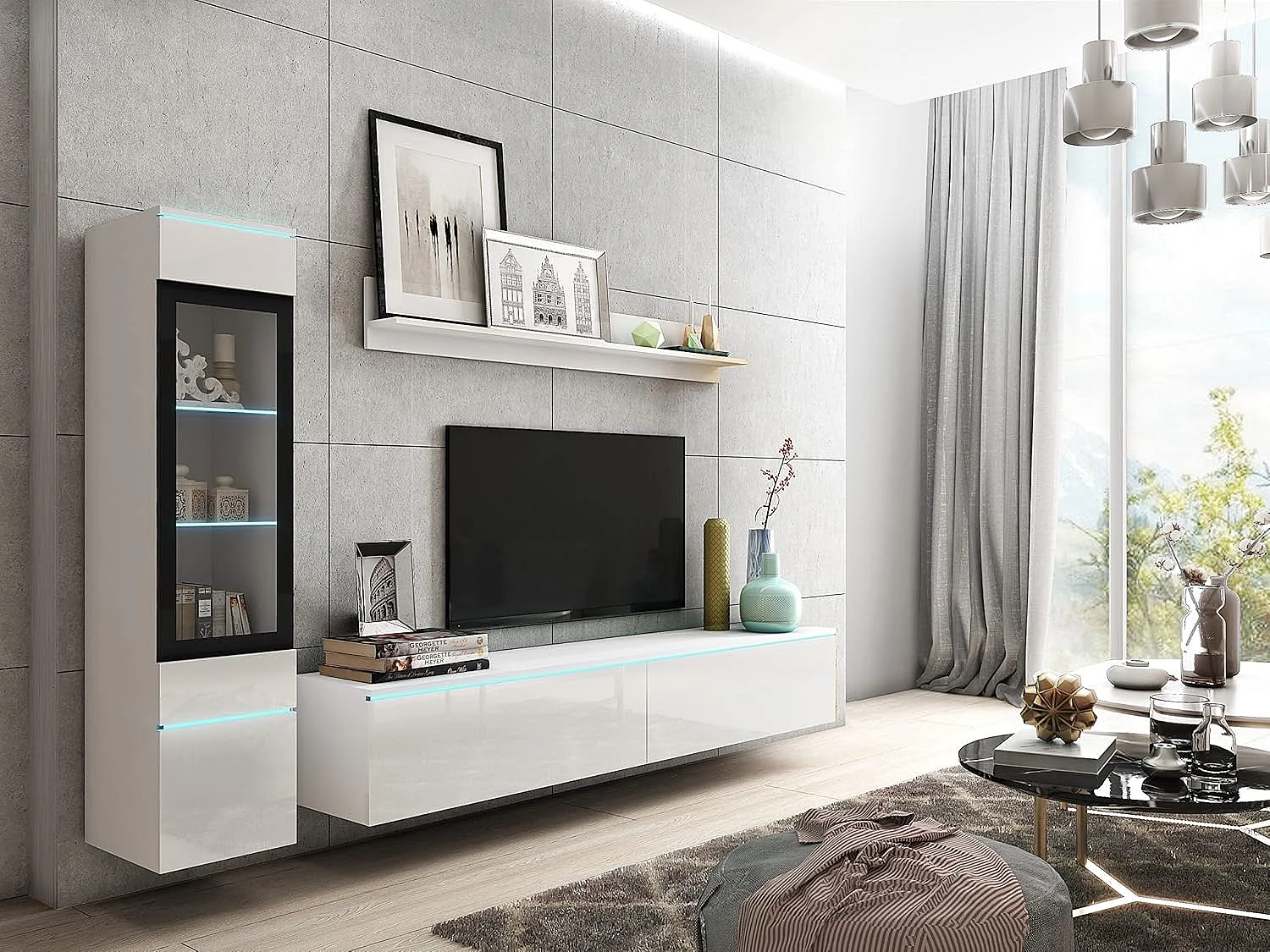 Conjunto de muebles de salón VERA I, juego de muebles de salón, mueble de televisión, sin iluminación LED, color blanco/blanco brillo