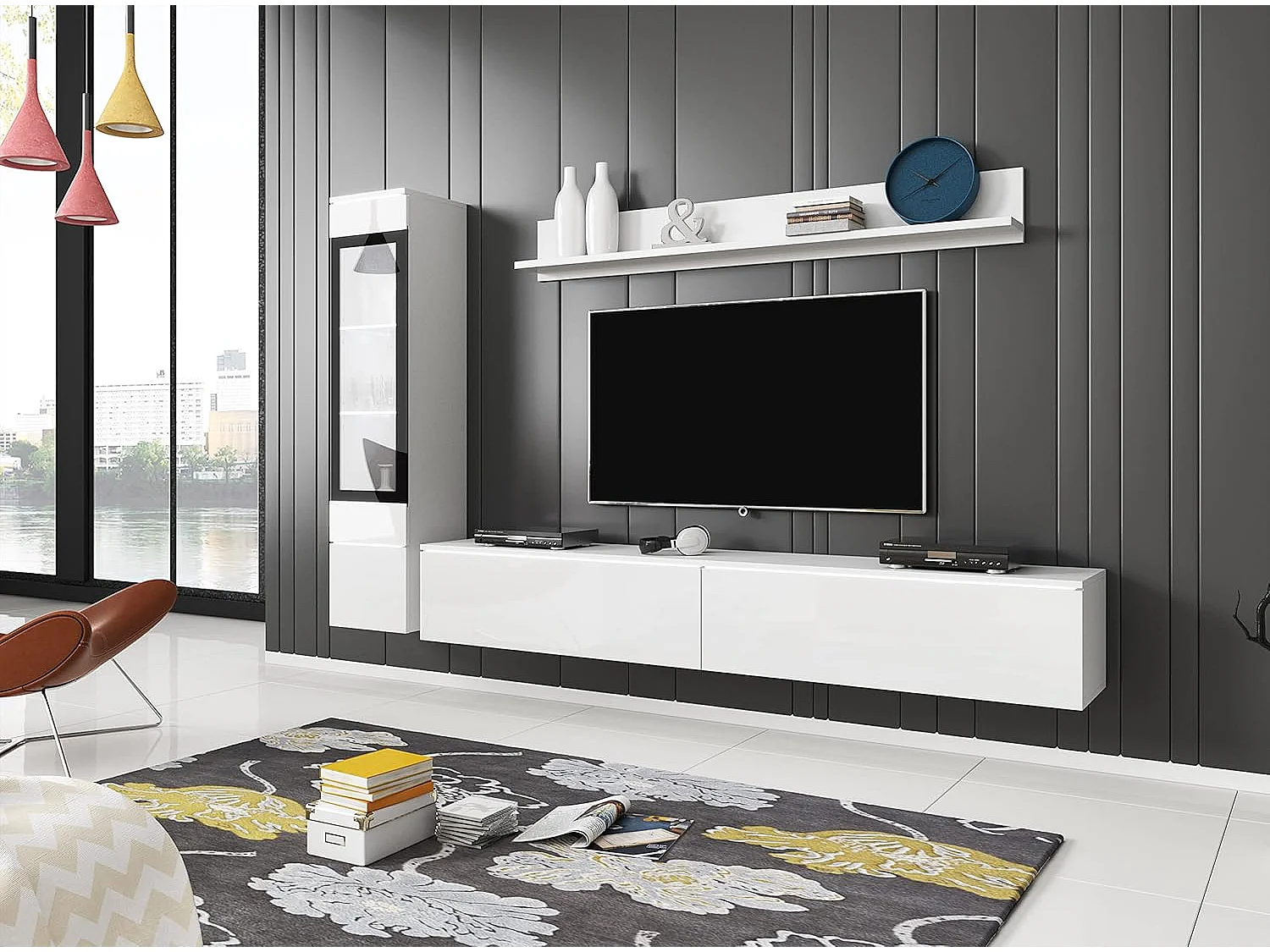 Conjunto de muebles de salón VERA I, juego de muebles de salón, mueble de televisión, sin iluminación LED, color blanco/blanco brillo