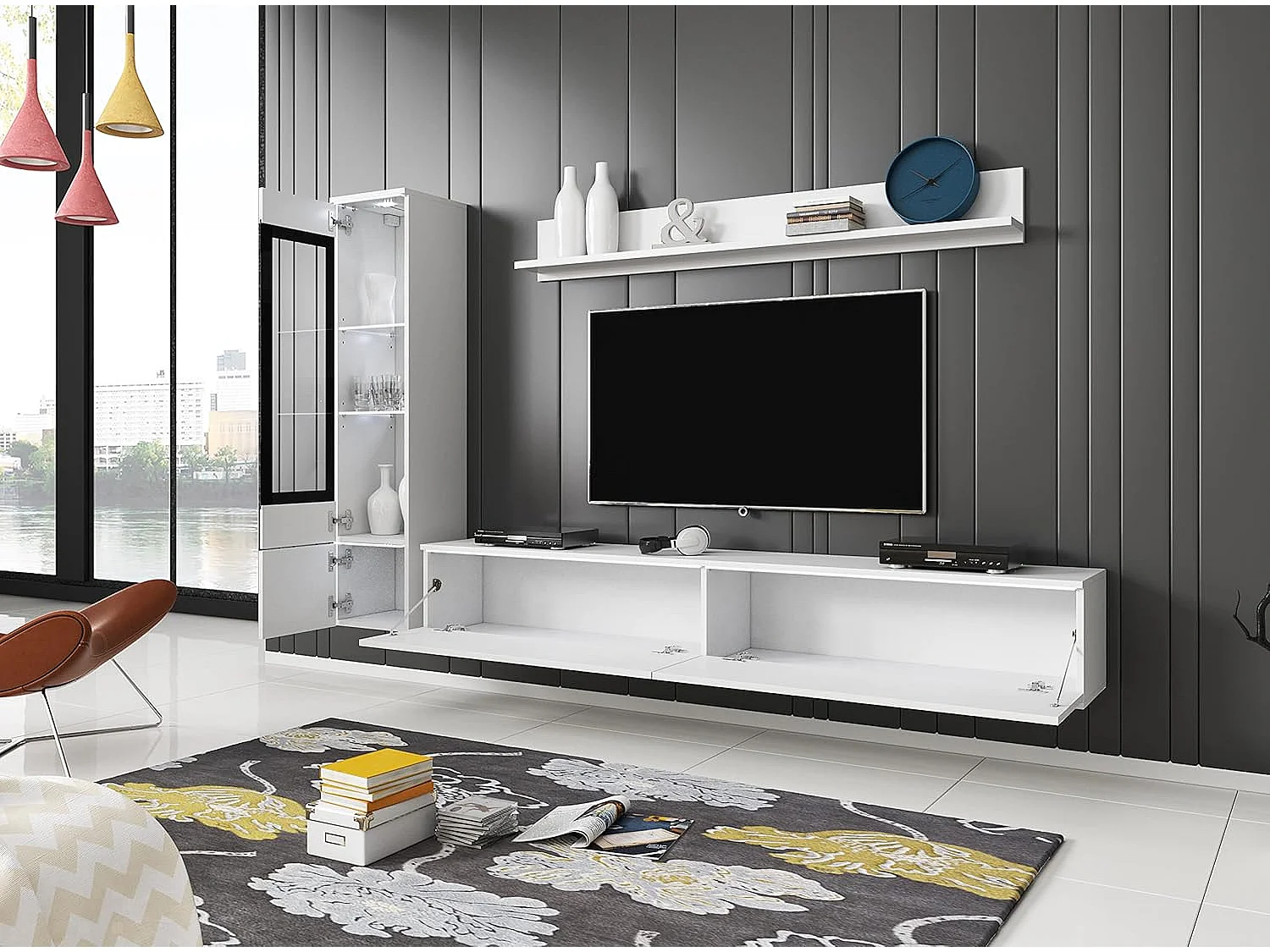Conjunto de muebles de salón VERA I, juego de muebles de salón, mueble de televisión, sin iluminación LED, color blanco/blanco brillo