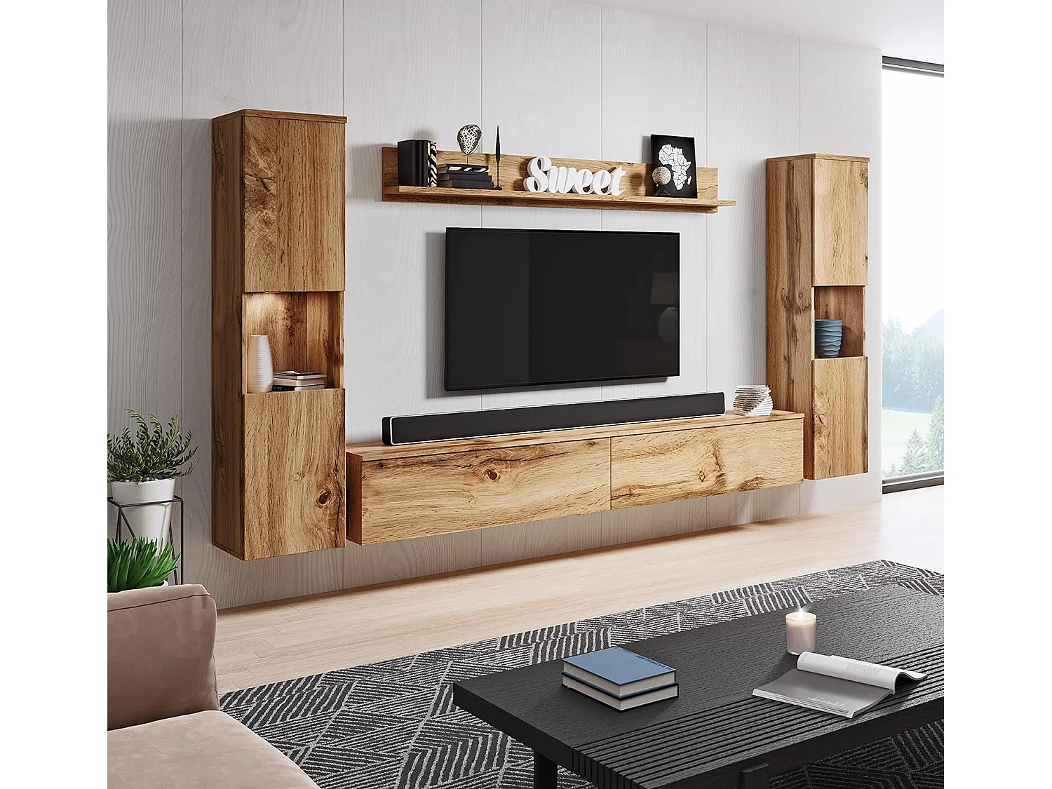 Woonkamermeubelset PARIS XL, woonkamerset, tv-meubel, met led-verlichting, kleur wotan