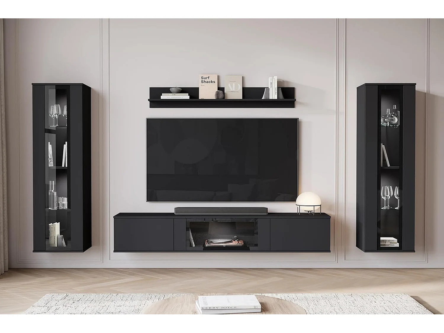 Ensemble de meubles de séjour CARO, ensemble de meubles de salon, meuble TV, avec éclairage LED, couleur noir mat