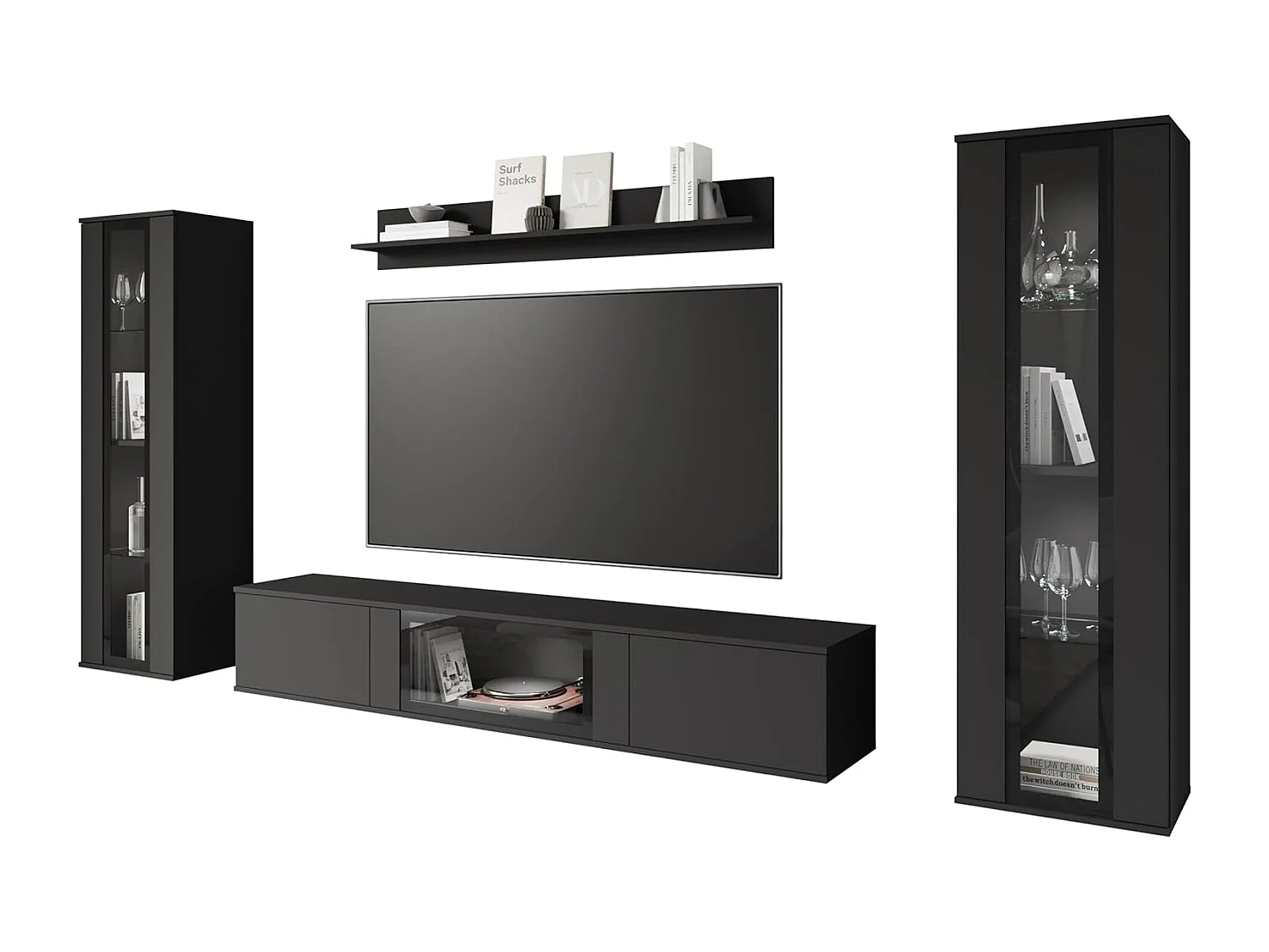 Ensemble de meubles de séjour CARO, ensemble de meubles de salon, meuble TV, avec éclairage LED, couleur noir mat