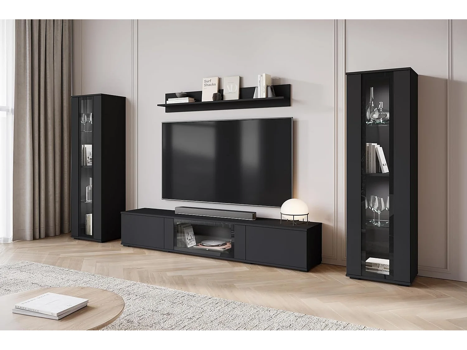 Ensemble de meubles de séjour CARO, ensemble de meubles de salon, meuble TV, avec éclairage LED, couleur noir mat