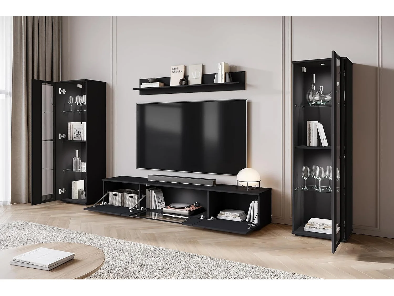 Ensemble de meubles de séjour CARO, ensemble de meubles de salon, meuble TV, avec éclairage LED, couleur noir mat