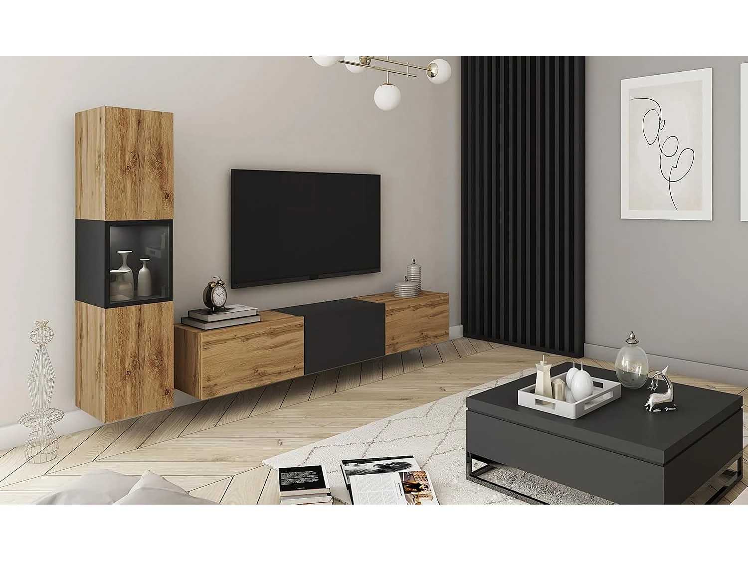 Ensemble de meubles de séjour BERLIN I, ensemble de meubles de salon, meuble TV, avec éclairage LED, couleur wotan/noir brillant