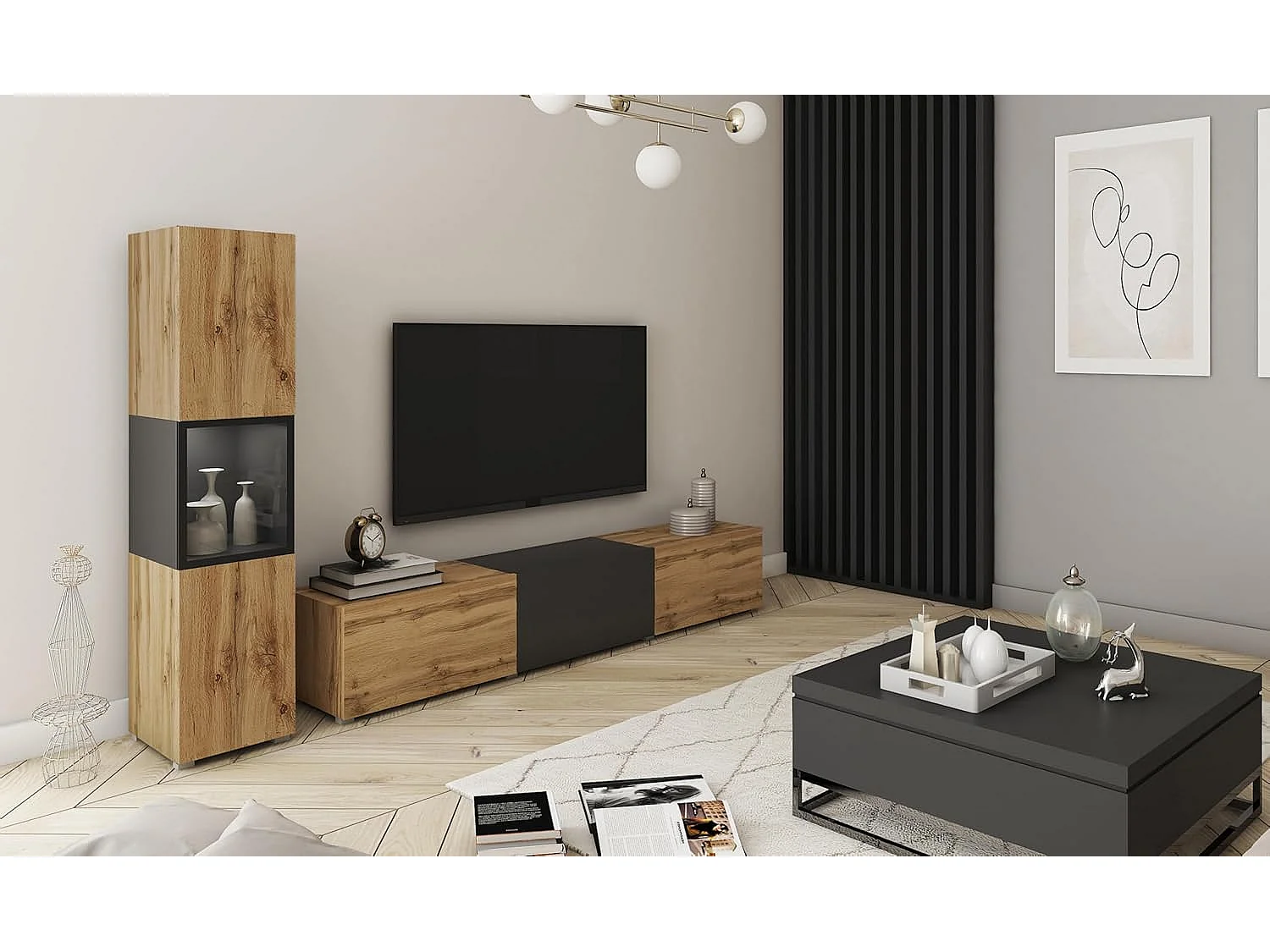 Ensemble de meubles de séjour BERLIN I, ensemble de meubles de salon, meuble TV, avec éclairage LED, couleur wotan/noir brillant