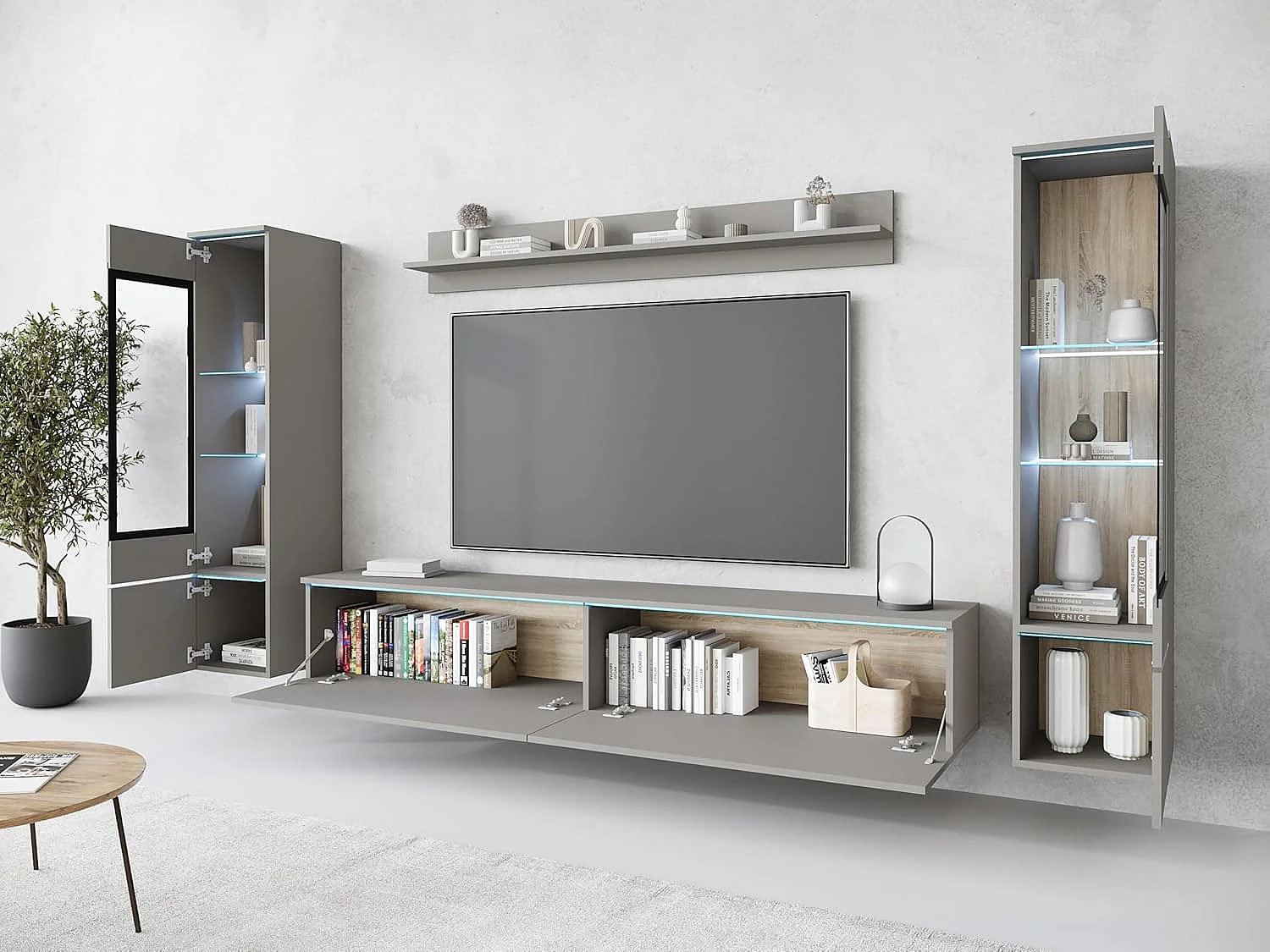 Ensemble de meubles de séjour VERA II, ensemble de salon, meuble TV, avec éclairage LED, couleur gris palladium