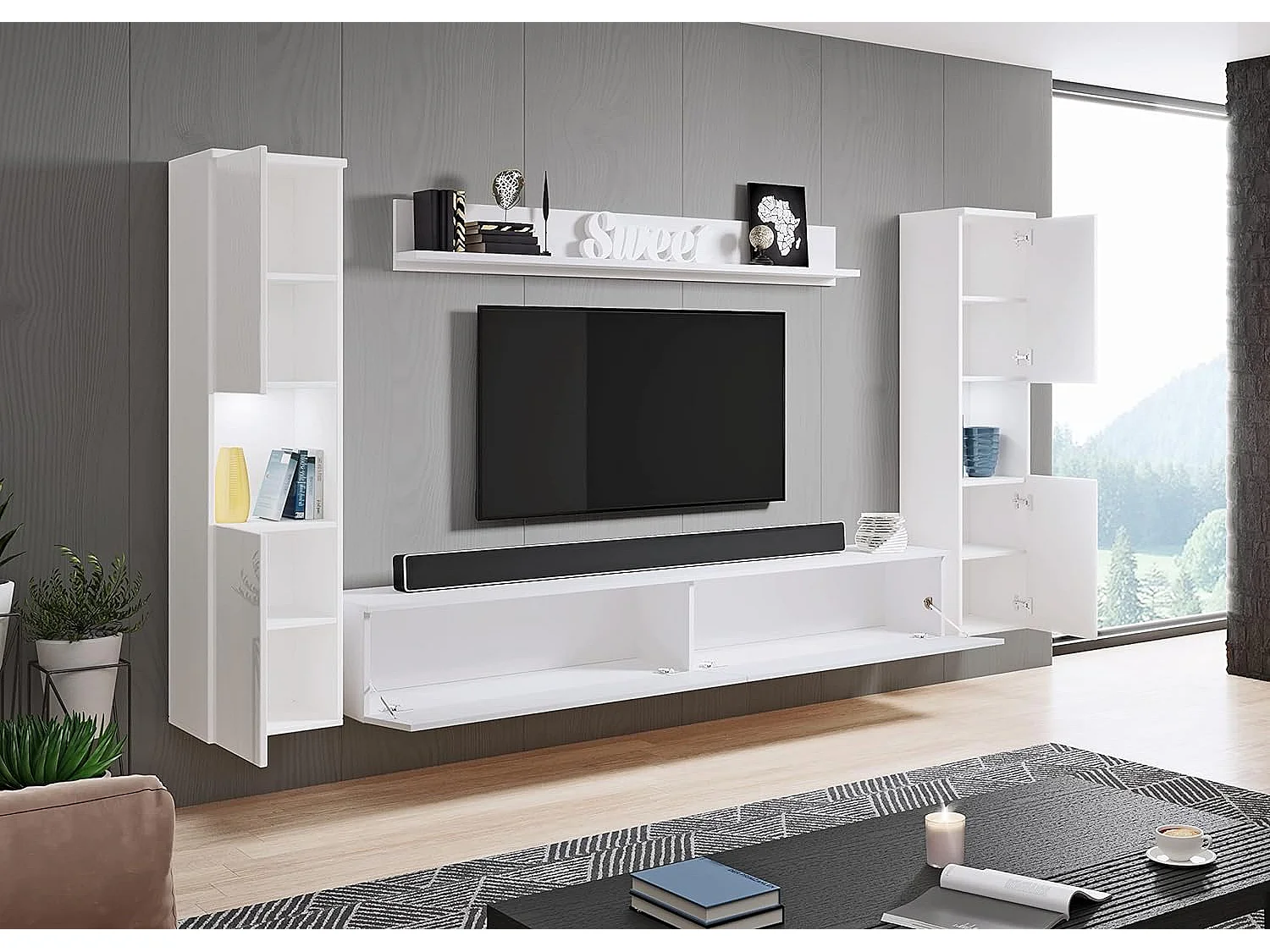Conjunto de muebles de salón PARIS XL, juego de muebles de salón, mueble de TV, con iluminación LED, color blanco/blanco brillo